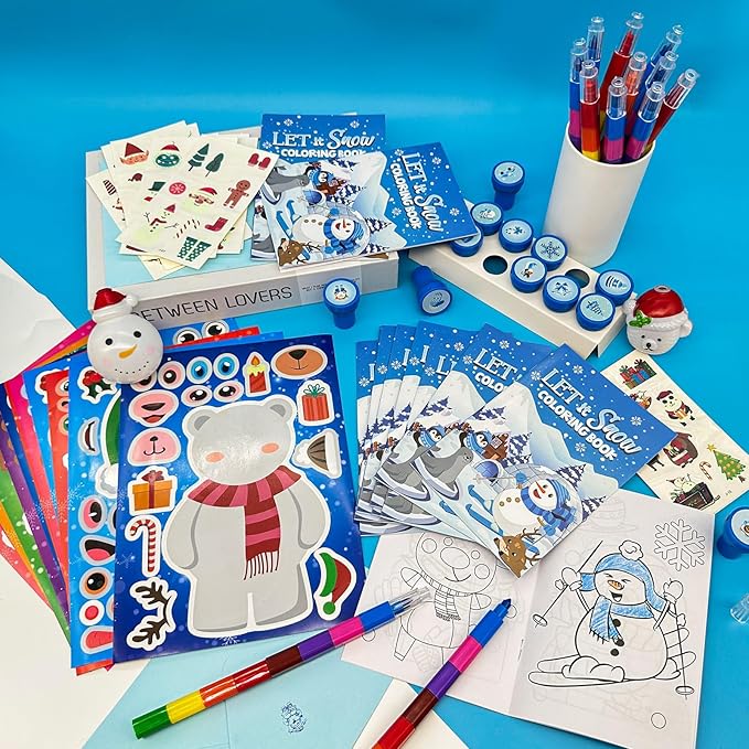 Cinrobiye 144 Pcss Merry Christmas Party Favors Max Holiday Coloring Books Tattoo DIY Sticker Stampers Class Reward Prizes for Christmas Holiday Winter Party supplies (Winter2)
