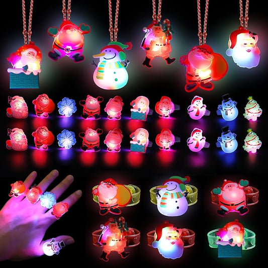 KIMOBER 42PCS Christmas Party Favors for Kids,Glow Rings Necklaces Bracelets,Light Up Xmas Toys Glow in the Dark Party Supplies for Christmas Candy Bag Fillers Party Decorations