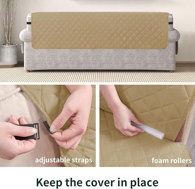 CHUN YI Couch Cover, Water Resistant Slipcover for 3 Cushion Sofa, Washable Sofa Cover with Adjustable Strap Storage Pocket for Living Room Dog Pet (Sofa, Khaki)