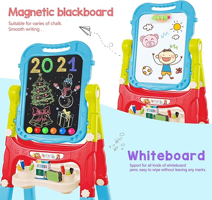 Easel for Kids,Rotatable Double Sided Adjustable Standing Art Easel with Painting Accessories for Toddlers Boys and Girls-Blue