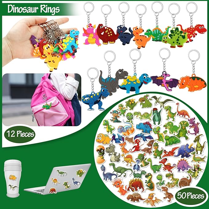 Dinosaur Party Favors For Kids, 134 Dino Party Favors With Slap Bracelets, Keychains, Rubber Rings, Make-a-Face Sticker, Dinosaur Stickers, Dinosaur Figures, Dinosaur Eggs, Dinosaur Goodie Bags