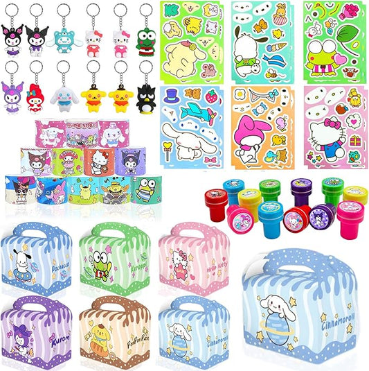 Cute Party Favors,Cute Birthday Party Supplies include 12Goodie Boxes, 12DIY Stickers, 12Slap Bracelets, 12Stamps, 12Keychains,Best Goodie Bags Stuffers for Kawaii Themed,Pinata Fillers,School Prizes