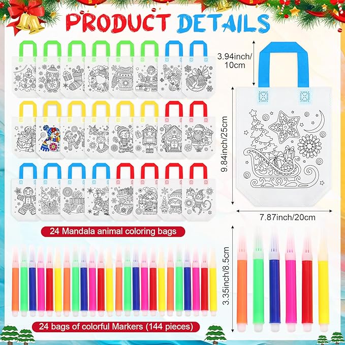 Pasimy 24 Pieces Mandala Christmas Coloring Goodies Bags with 144 Makers Recycle Bag Coloring Gifts Bags Color Your Own Totes for Kids DIY Painting Art Crafts Xmas Holiday Birthday Party Favors