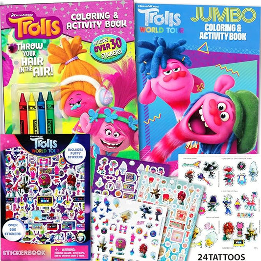 DreamWorks Trolls Coloring Books, Trolls World Tour Sticker Pad and 24 Tattoos Activity Set