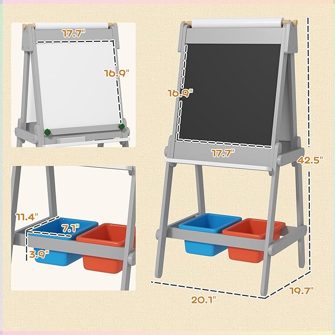 Qaba Art Easel, Easel for Kids with Paper Roll, Double Sided Whiteboard & Chalkboard for Toddlers Aged 3-8 Years Old, with Painting Paper Stand, 2 Storage Boxes, Gray