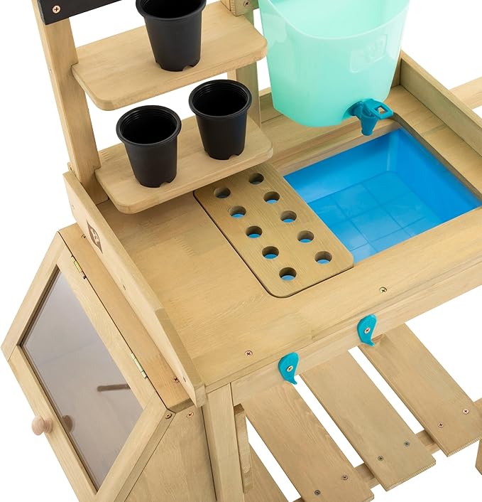 Kids Potting Bench, Outdoor Wooden Toy Toddler Gardening Table with Wheels, Sink & Faucet, Storage Shelves, Planting Pots, Durable, Weatherproof Backyard Playset for Kids Age 3+ Years