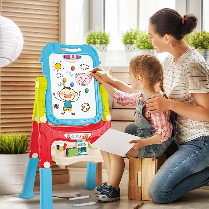 Kids Easel, Adjustable Standing Kids Easels for Toddlers, Double Magnetic Drawing Board with Painting Accessories, Present for Little Boys and Girls Age 3 4 5, Blue