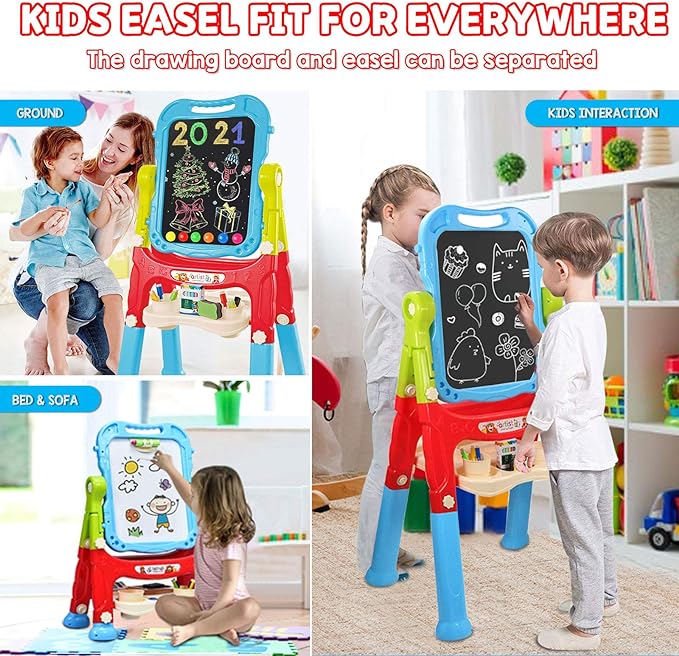 Easel for Kids,Rotatable Double Sided Adjustable Standing Art Easel with Painting Accessories for Toddlers Boys and Girls-Blue