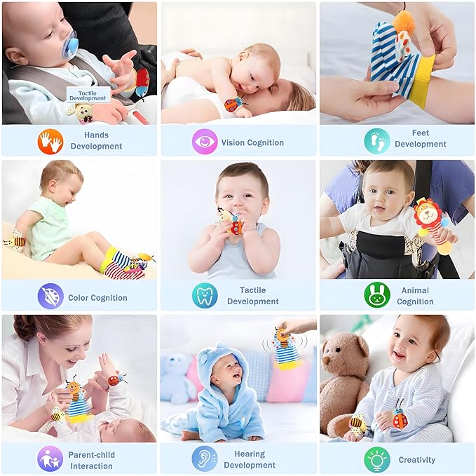 Wrist Rattles Foot Finder Rattle Toy for 0-4 Months Baby, Feet Leg Ankle Socks Arm Hand Bracelet Shaker for 4-8 Months Infant boy & Girl, Gift Set for 0-1 Years Newborn Babies (5 pcs-B)