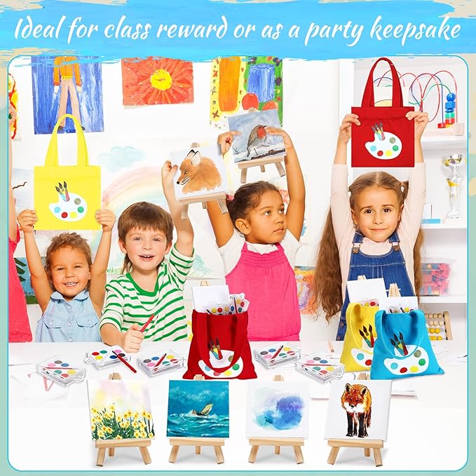 Zhengmy 24 Set Watercolor Paint Art Party Favors Mini Paint Sets Canvas Tote Bags Goodie Bags 3'' x 3'' Painting Canvas Panel with Wooden Easel Set for Valentine Sip and Paint Party