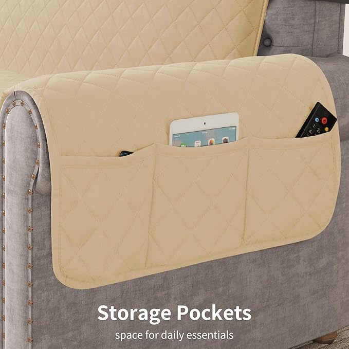 CHUN YI Oversized Couch Cover, Water Resistant Sofa Cover Slipcover for 4 Cushion Sofa, Washable with Adjustable Strap Storage Pocket for Living Room Dog Pet (Oversized Sofa, Sand)