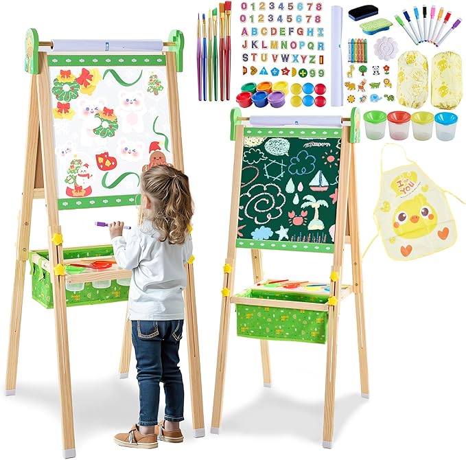 Easel for Kids, Art Easel Kids Easels for Toddlers, Adjustable Magnetic Chalkboard & Whiteboard Wooden Painting Easel with Paper Roll, Foldable Easel for Toddlers Boys Girls Ages 3-12 (Grass Green)