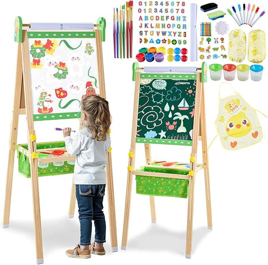 Easel for Kids, Art Easel Kids Easels for Toddlers, Adjustable Magnetic Chalkboard & Whiteboard Wooden Painting Easel with Paper Roll, Foldable Easel for Toddlers Boys Girls Ages 3-12 (Grass Green)