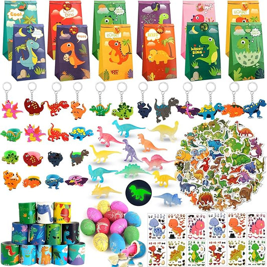 Dinosaur Party Favors For Kids, 134 Dino Party Favors With Slap Bracelets, Keychains, Rubber Rings, Make-a-Face Sticker, Dinosaur Stickers, Dinosaur Figures, Dinosaur Eggs, Dinosaur Goodie Bags