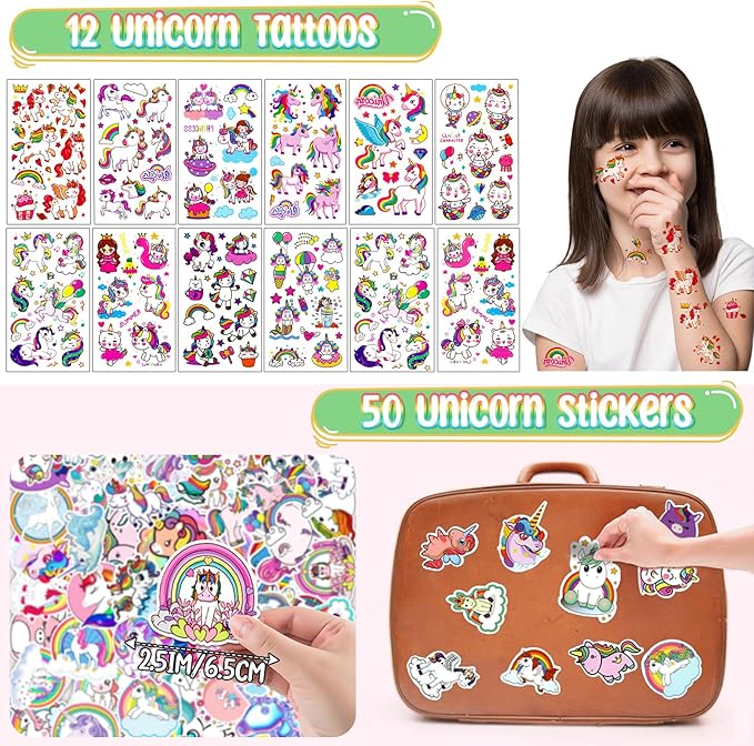 Winrayk 146Pcs Unicorn Party Favors Birthday Supplies Girls Bags Headband Bracelet Stamper Keychain Slap Bracelet Tattoo Sticker Ring, Goodie Bag Stuffers Unicorn Pinata Filler Unicorn Party Supplies
