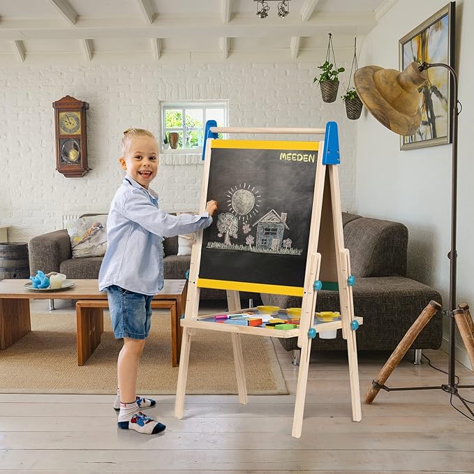 MEEDEN Art Easel for Kids: Wooden Painting Kids Easel with Paper Rolls - Magnetic Easel for Toddlers with Chalkboard & Deluxe Accessories
