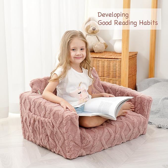 Kids Sofa, Toddler Chair, 2-in-1 Flannel Kids Fold Out Couch, Toddler Convertible Sofa to Lounger, Flip Open Toddler Couch for Kids (Pink)