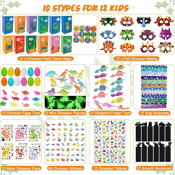 Dinosaur Party Favors for 12 Kids, 10 Styles 168Pcs Dinosaur Birthday Party Supplies, Dinosaur Goodie Bag Stuffers, Dino Birthday Party Favors, Dino Party Favors Gift Bag, Dinosaur Gifts Bags Fillers