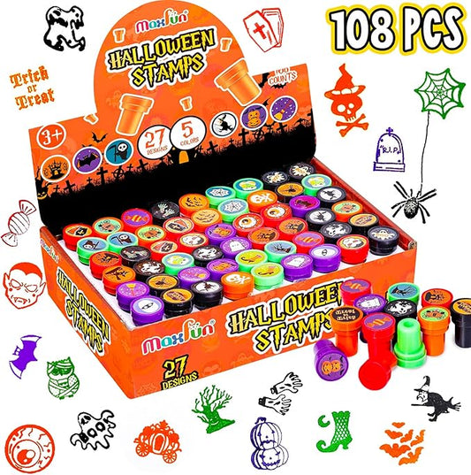 Max Fun 108Pcs Halloween Assorted Stamps ( 27 Designs, 5 Colors Trick or Treat Stamps ) for Kids Halloween Party Favors Supplies, Goodies Bags, Classroom Game Reward Prizes (Halloween Stamper)