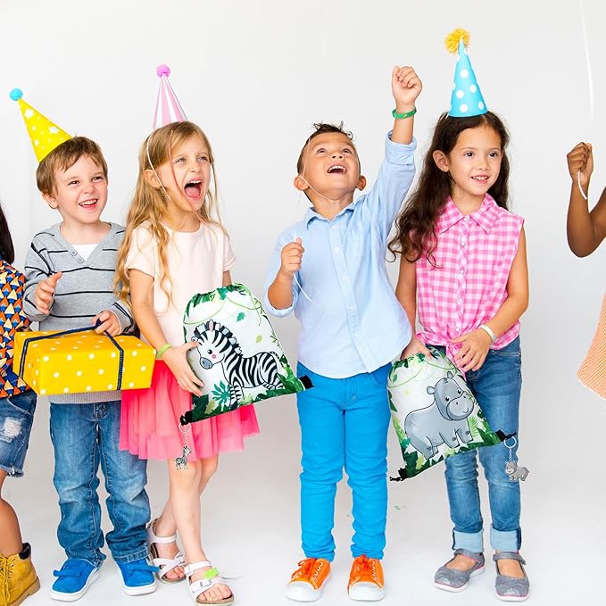 Talltalk 48 Pcs Jungle Safari Party Favors with 16 Wild Animals Drawstring Bags Goodie Bags Candy Treat Bag 16 Animals Wristband Bracelet 16 Animals Keychain for Zoo Birthday Baby Shower Party