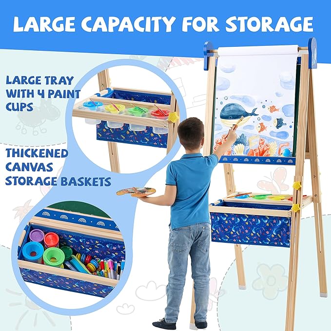 Easel for Kids, Art Easel Kids Easels for Toddlers, Adjustable Magnetic Chalkboard & Whiteboard Wooden Painting Easel with Paper Roll, Foldable Easel for Toddlers Boys Girls Ages 3-12 (Blue)