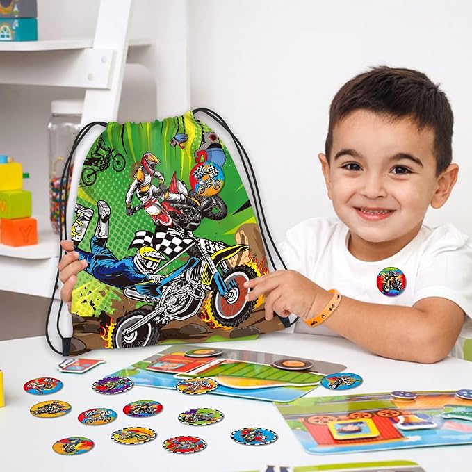 Dirt Bike Party Favor Supplies, Including Motorcycle Theme Boy Motocross Bags Drawstring Goodie Treat Bags Wristbands Badge, for Motocross Theme Kids Birthday Party Gift