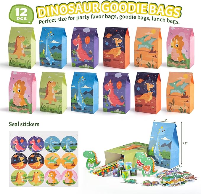 Dinosaur Goodie Bags with Dino Party Favors for Kids, Birthday Party Supplies for Boys Girls (N98)