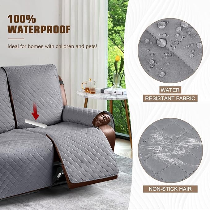 KinCam Loveseat Recliner Covers for 2 Seat, 100% Waterproof Reclining Loveseat Covers, Non-Slip Recliner Cover Furniture Protector with Elastic Straps for Pets, Kids, Light Gray
