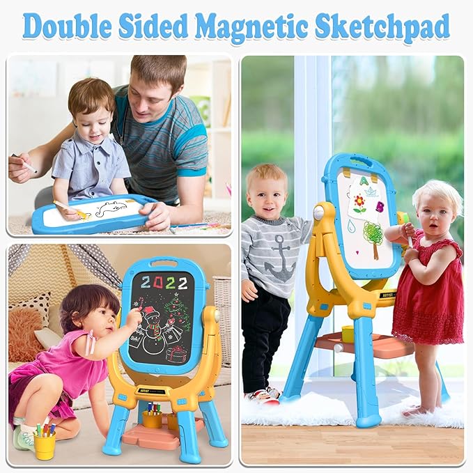 Easel for Kids, Rotatable Double Sided Magnetic Drawing Board Adjustable Height Easel Stand Toddlers Art Easel with 79pcs Art Supplies, Blue