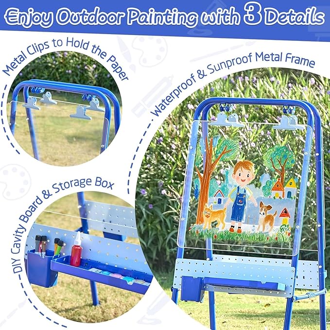FUNLIO Foldable Outdoor Easel for Kids Aged 3+, Double-Sided Kids Easel with 2 Acrylic Boards & 21 pcs Accessories, Waterproof & Sunproof Art Easel for Kids, Portable & Stable - Blue