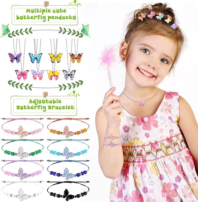 XunYee 178 Pcs Butterfly Party Favors for Girls Fairy Birthday Party Supplies, Butterfly Keychain Bulk Hairpins Stickers Flying Butterfly Bracelet Necklace Ring Organza Bags for Girls Gift Decor