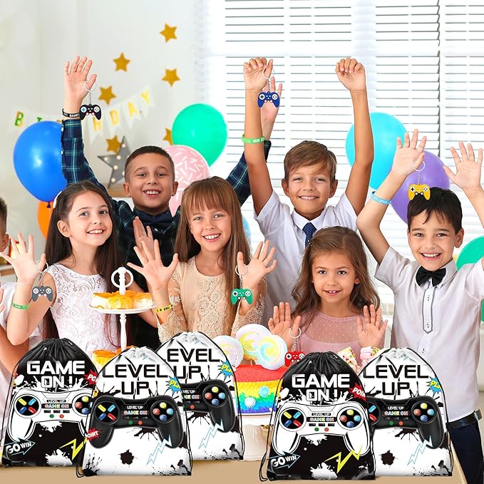 Nosiny 72PCS Video Game Party Favors Birthday Include 24 Video Game Goodie Drawstring Bags 24 Silicone Bracelet 24 Controller Keychain for Kids for Party Supplies (Black, White, Cute)