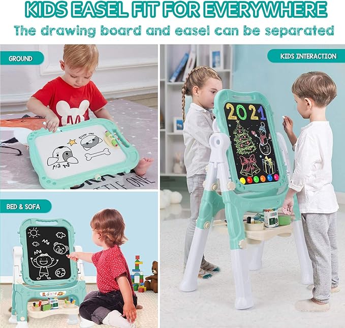 Easel for Kids,Rotatable Double Sided Easel for Kids Adjustable Standing Art Easel with Painting Accessories for Toddlers Boys and Girls-Green