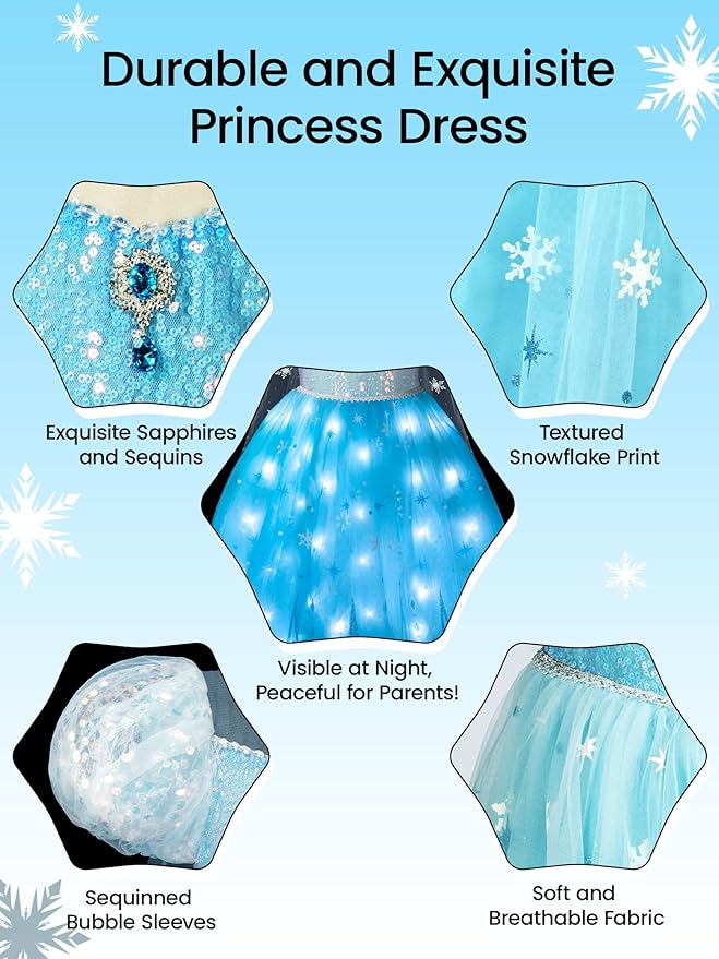 Princess Costume for Girls, Light Up Princess Dress with Accessories, Wand, Cape, Crown, Bag, Halloween Dress Up Clothes for Girls, Christmas Princess Costume for Girls, 140