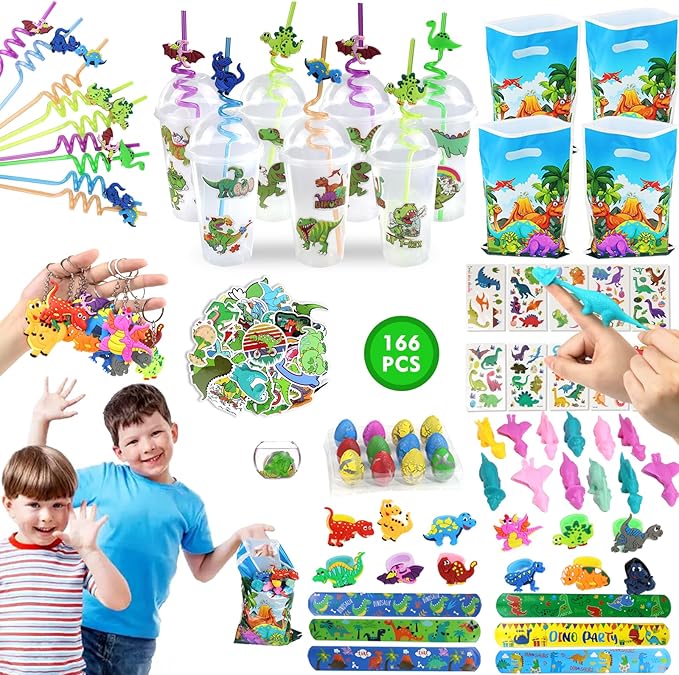 Dinosaur Party Favors Set 166PCS Dinosaur Birthday Party Supplies for Bulk Goodie Bags Stuffers, Treasure Box Toys, Piñata Filling, Easter Basket Fillers, Perfect for Boys and Girls Party Gifts