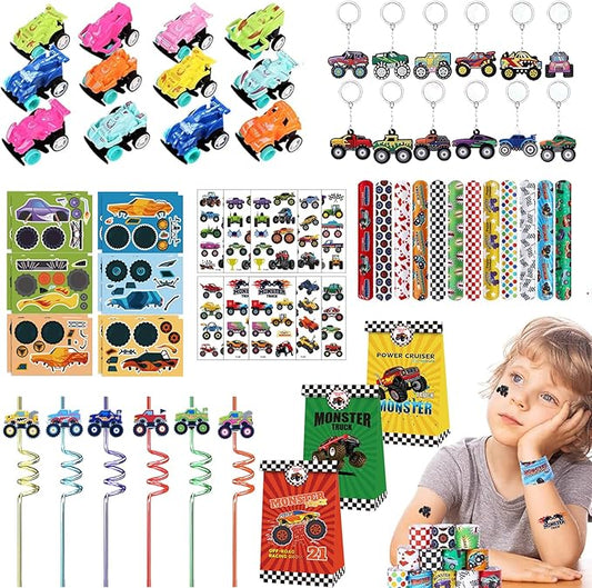 Monster Truck Party Favors Set, monster truck birthday decorations including 7 Types 84 Pcs Drinking Straws Gift Bags Mini Pull Cars Keychains DIY Stickers Temporary Tattoos Slap Bracelet