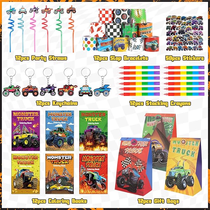 Monster Truck Party Favors Serve 12, Machine Jam Birthday Supplies include Slap Bracelet Coloring Books with Stacking Crayons Drinking Straws Keychain Stickers Gift Bags for Kids 122Pcs