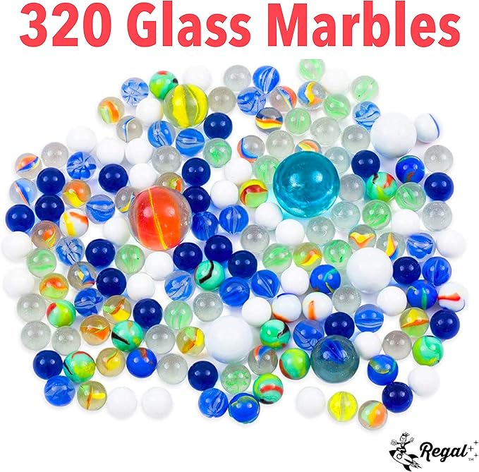 Regal Games 160 Count Traditional Glass Marbles with a Storage Tin, 3 Sizes, Variety of Patterns