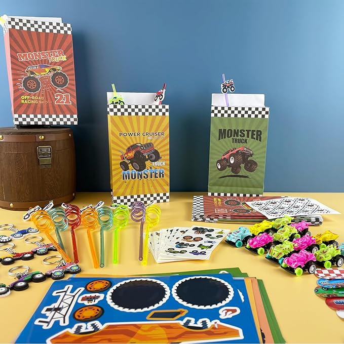 Monster Truck Party Favors Set, monster truck birthday decorations including 7 Types 84 Pcs Drinking Straws Gift Bags Mini Pull Cars Keychains DIY Stickers Temporary Tattoos Slap Bracelet