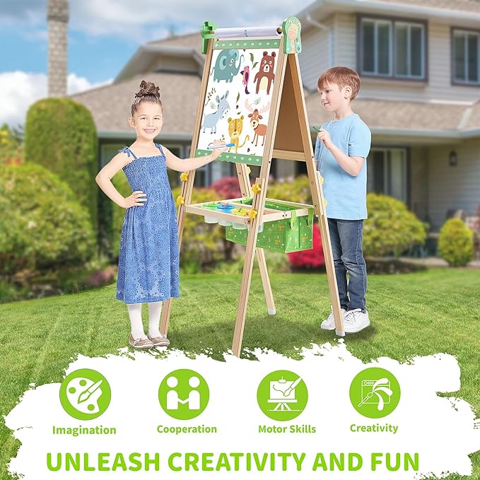 Easel for Kids, Art Easel Kids Easels for Toddlers, Adjustable Magnetic Chalkboard & Whiteboard Wooden Painting Easel with Paper Roll, Foldable Easel for Toddlers Boys Girls Ages 3-12 (Grass Green)