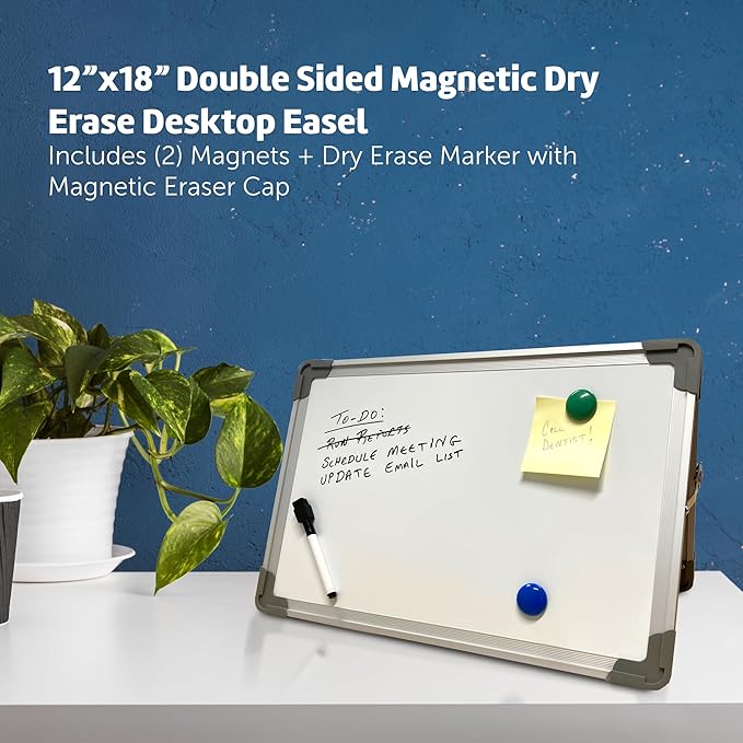 Flipside Products 18” x 12” Magnetic Double-Sided Desktop Easel, Bright White Dry Erase Easel for Office, Home, and Classroom, Aluminum Frame, Magnets and Dry Erase Marker w/Magnetic Eraser Cap