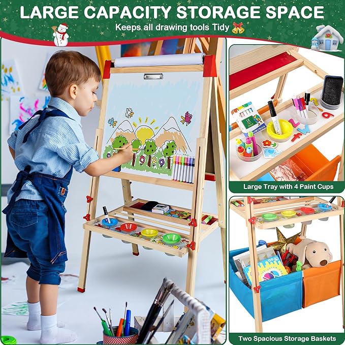 Easel for Kids Art Easel for Kids Ages 4-8,Kids Easels Wooden Kid Easel with Paper Roll, Adjustable Magnetic Double Sided Easel for Toddlers 2-4 Years - All in one Kids Art Easel