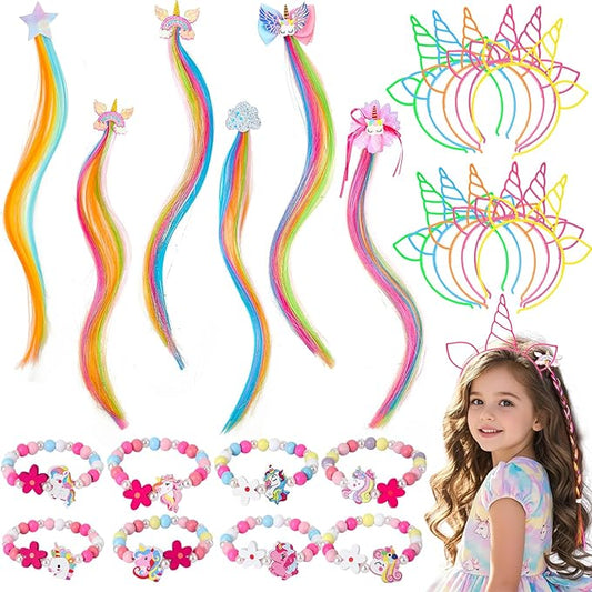 Unicorn Hair Accessories & Bracelet for Girl, Unicorn Hair Extension Clip Headband Bracelet, Unicorn Birthday Party Favors Supplies, Unicorn Costume Accessories Gift for Girl