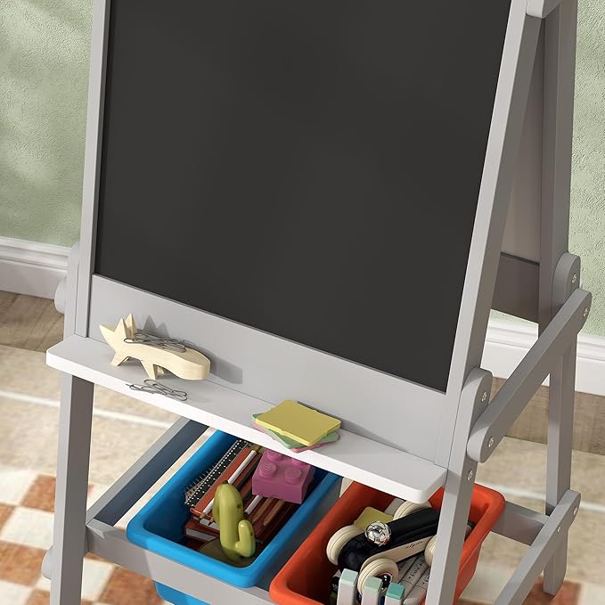 Qaba Art Easel, Easel for Kids with Paper Roll, Double Sided Whiteboard & Chalkboard for Toddlers Aged 3-8 Years Old, with Painting Paper Stand, 2 Storage Boxes, Gray