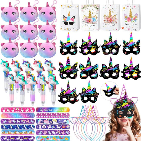 Unicorn Party Favors Birthday Supplies, Unicorn Goodie Bags Coin Purse Ballpoint Pen Scratch Mask Headband Slap Bracelet, Unicorn Birthday Party Favors Classroom Rewards Gift Decorations for Girl