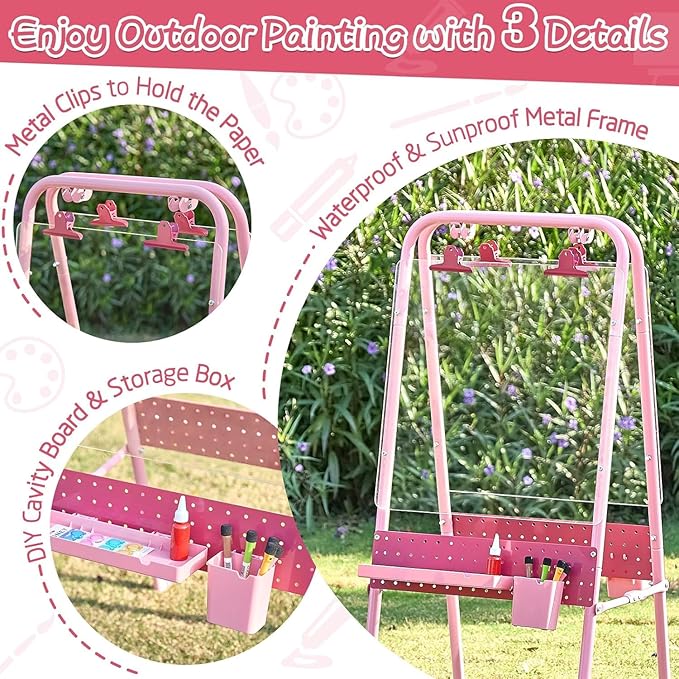 FUNLIO Foldable Outdoor Easel for Kids Aged 3+, Double-Sided Kids Easel with 2 Acrylic Boards & 21 pcs Accessories, Waterproof & Sunproof Art Easel for Kids, Portable & Stable - Pink