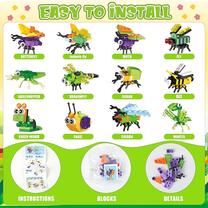 Erweicet Valentines Day Gifts for Kids 24 PCS Insect Building Blocks with Valentines Gift Cards for Kids Boys Girls Classroom Gift Exchange