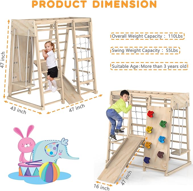 PROY Indoor Jungle Gym, Toddler Climbing Toys Indoor, Indoor Playground Climbing Toys for Toddlers, Climber Playset with Slide, Climbing Rock/Net, Monkey Bars, Drawing Board, Abacus Game and Swing