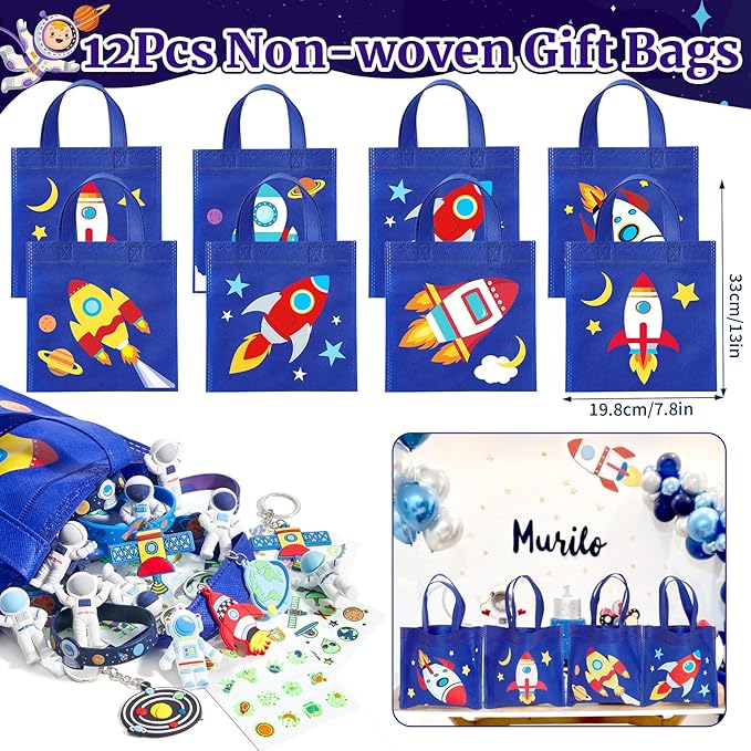Outer Space Party Favors Birthday Supplies, Space Themed Non-Woven Gift Bag Astronaut Eraser Silicone Bracelet Keychain Luminous Tattoo Stickers Galaxy Space Goodie Bags for Kids Party Decoration