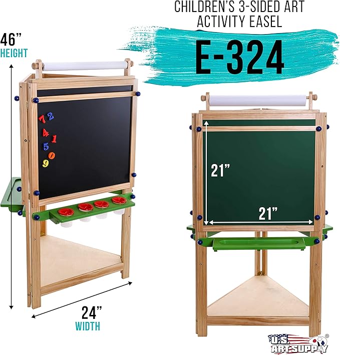 U.S. Art Supply Children's 3-Sided Art Activity Easel with Chalkboard, Large Paper Roll, Shelf & Plastic Paint Cups